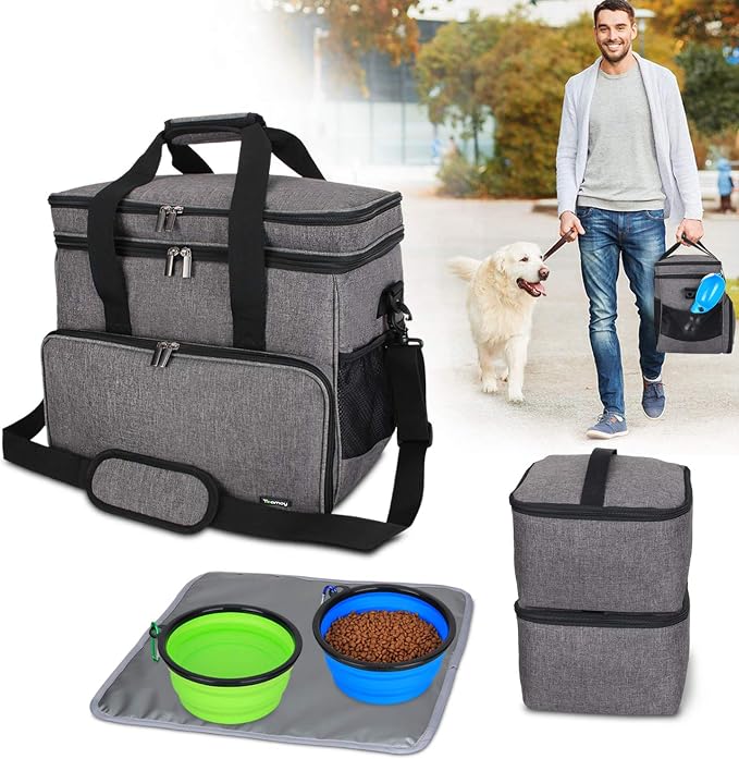 Teamoy 2 Layer Dog Travel Bag, Pet Supplies Weekend Tote Organizer, Gray | Large Dog Bag for Supplies with 2 Silicone Collapsible Bowls, 2 Food Carriers, 1 Water-Resistant Placemat by Teamoy