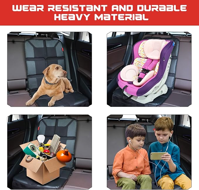 Kaiphy Car Seat Protector with Thick Padding + XL Large Car Seat Cover for Child Car seat, Eco Friendly Waterproof & Durable Fabric + 2 Storage Pockets Protect Fabric or Leather Seats 2Pack (Black) - Image 8