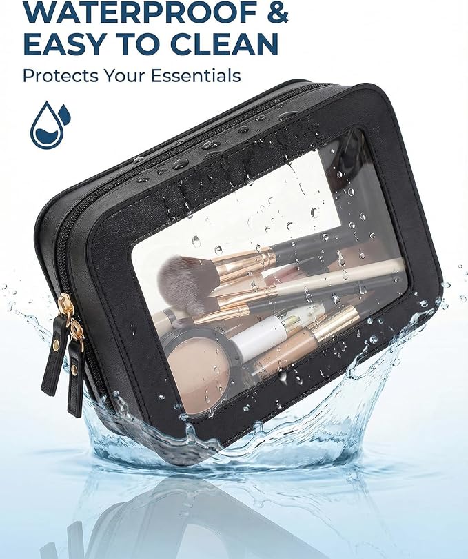 2 Pack Travel Clear Makeup Bag Set -Sunscreen Cosmetic Organizer Pouch Waterproof Makeup Pouch Portable Makeup Brush Pencil Case Car Accessories for Women(2Pack-Standard&Slim, Black) - Image 5