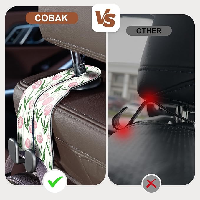 CoBak Purse Hook for Car - Universal Premium Stitched Leather and Aluminum-Magnesium Alloy Double Car Seat Back Storage Hook for Purses, Handbags, Bags (2 Pack),Tulip - Image 3