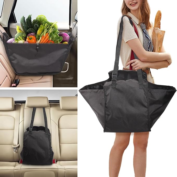 Car Seat Organizer - Large Capacity Passenger Seat Storage Travel Bag, Portable, Foldable and Collapsible Miscellaneous Car Hanging Bags, Reusable Shopping Tote with Drawstrings - Image 6