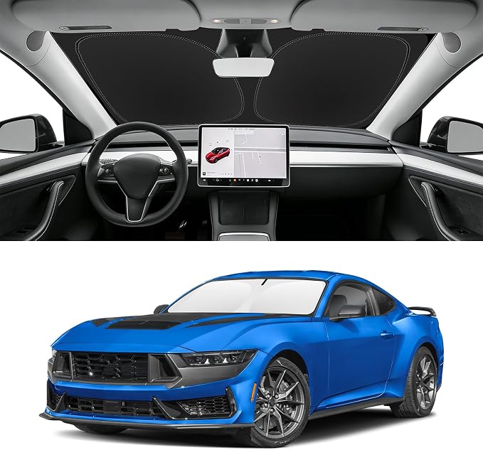 Custom Fit Windshield Sun Shade for Ford Mustang 2015-2026 | Blocks UV Rays and Sun Heat, Helps Reduce Interior Temperature, Protects Dashboard from Fading, Folds Easily for Storage by SLOGENTO