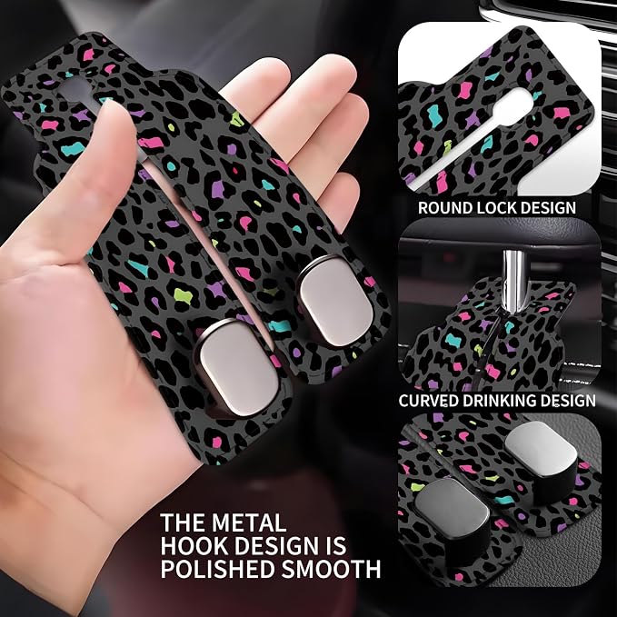 Car Seat Back Storage Headrest Hook, Premium Leather Double Metal Hook, Hanger Storage Organizer for Purse Cloth Bag, Car Interior Accessories Luxury Colorful Leopard - Image 3