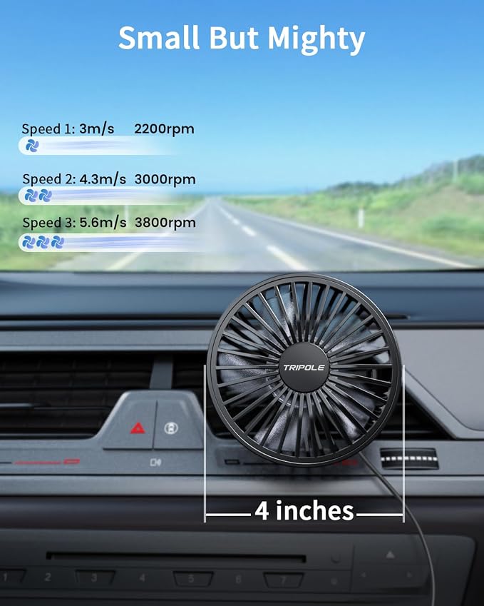 TriPole Car Fan USB Powered, 360°Rotation Portable Cooling Fan for Car Vent | 3-Speed USB Car Fan, Vent Clip Design, Powerful Wind, Quiet Brushless Motor, Air Circulation for Vehicle, Van, Truck, SUV, RV - Image 3