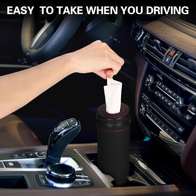 1 Pcs Car Tissues Cylinder Leather Round Container Car Tissues Holder with Tissue Paper with Window Breaker for Vehicle Bathroom Office(Black) - Image 5