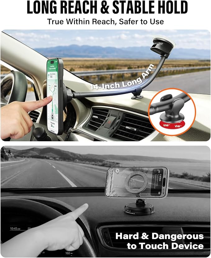 APPS2Car Cell Phone Car Mount for MagSafe, 14'' Windshield Phone Mount | Magnetic Car Phone Mount, Long Gooseneck Arm, Strong Suction & Magnetic Hold, Fits iPhone 17 Pro Max Plus 16 15 14 13 12 Mini - Image 3