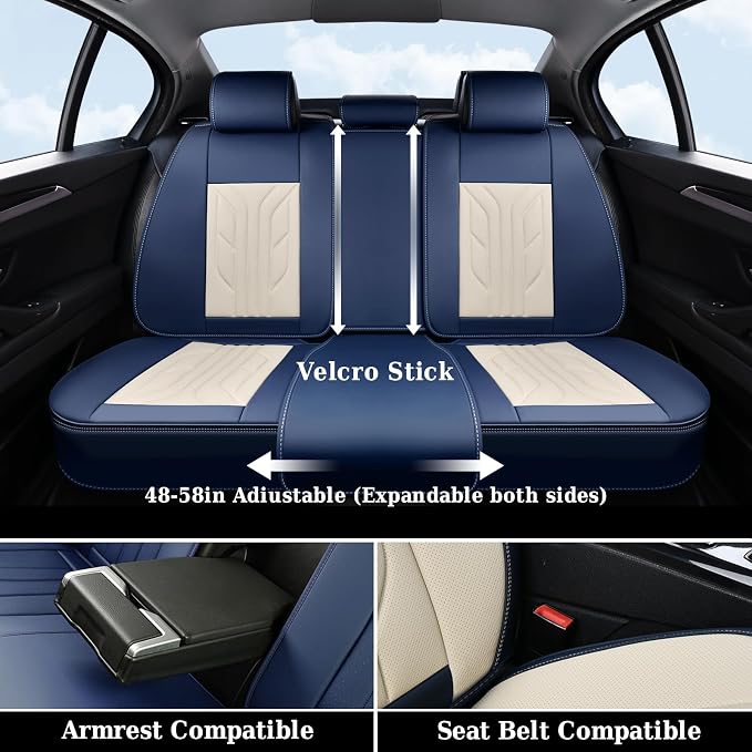 Coverado Car Seat Covers Full Set, Leather Seat Covers for Cars, Waterproof Automotive Seat Covers Car Seat Protectors Car Accessories Universal Fit for Most Sedans SUV Pick-up Truck(Blue&Beige) - Image 4