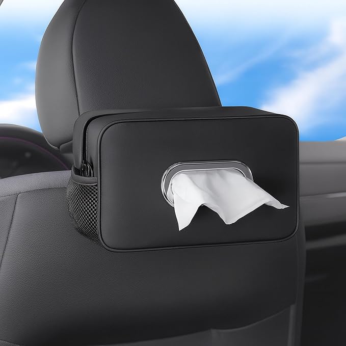 Multi-Functional Car Tissue Holder with ‌2 Storage Nets, Tissue Box Cover | Upgraded PU Leather, Large Rectangle Napkin Organizer Fit for 100-160 Regular Size Tissues, Keep Car Tidy, Black by KeepCarTidy