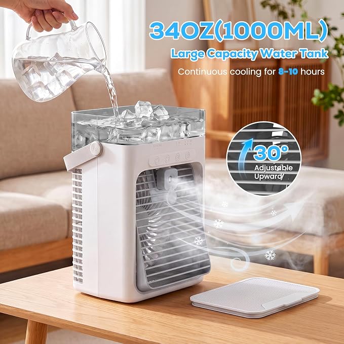 Portable Air Conditioners, Personal Evaporative Air Cooler with 1000ML Water Tank, 3 Speeds & 2 Mist Modes, Portable AC Fan for Car, Caravan, Kitchen, Office Desk - Image 6
