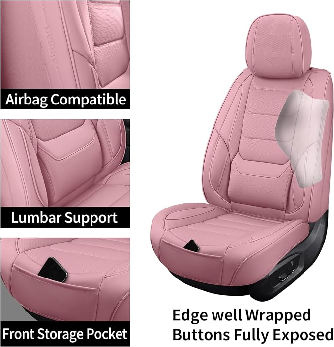 Leather Car Seat Covers Full Set Automotive Seat Protectors | Breathable Waterproof Durable Full Surround & Lumbar Support Design Non-Slip Universal Fit for Most Cars SUV Trucks Van Pink - Image 4