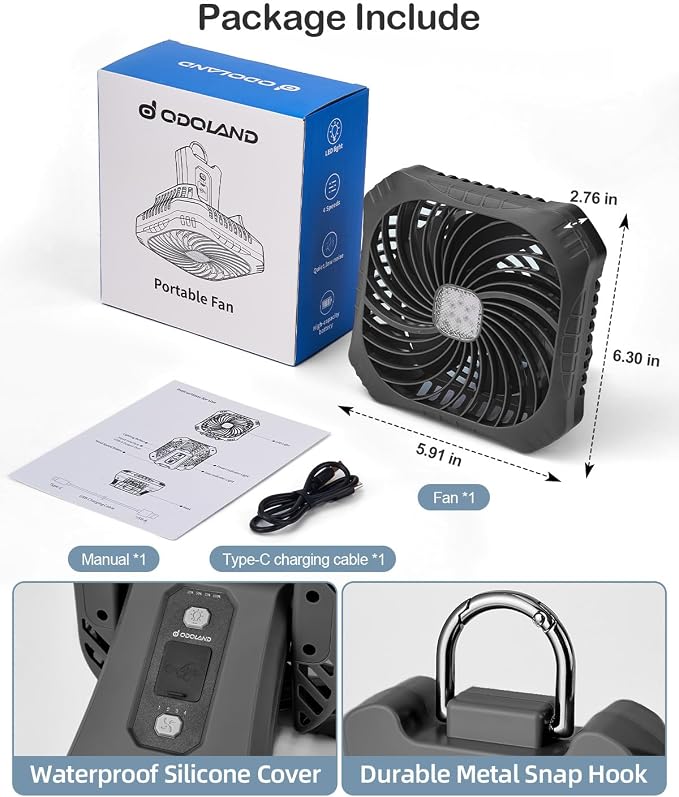 Odoland Portable Camping Fan with LED Lantern, 40H Rechargeable Battery Fan | Quiet Tent Fan with Hanging Hook for RV Car Beach Outdoor Hurricane Emergency Outages, 4-Speed Wind & 3-Color Light, Black - Image 7