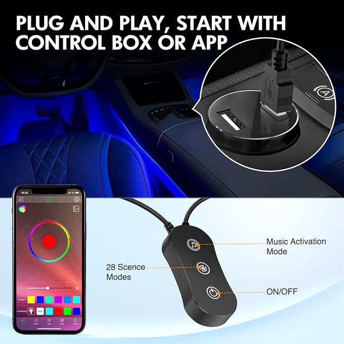 Nilight 4PCS USB Car Interior Lights RGB App and Button Control | 5V DC Multi Color Music Car Neon Accent Light Strips Under Dash Lighting Kit with Sound Active Function - Image 6