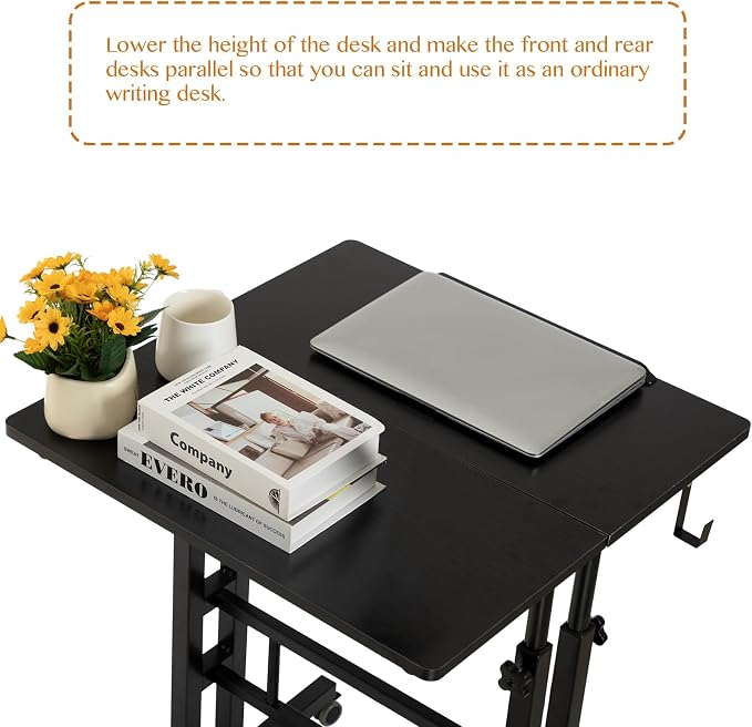 SIDUCAL Mobile Standing Desk, Portable Stand Up, Small Adjustable Converter with Wheels Home Office Workstation, Rolling Desk Laptop Cart for Standing or Sitting, Black - Image 6