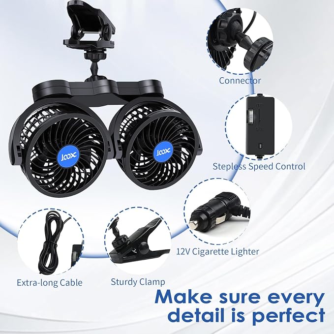 XOOL Clip Car Fan, Adjustable Dual Head 4 Inches 12V Fan for Front/Rear Seat Passenger, 360° Rotatable Electric Car Cooling Fans with Stepless Speed Regulation for SUV, RV, Vehicles - Image 7