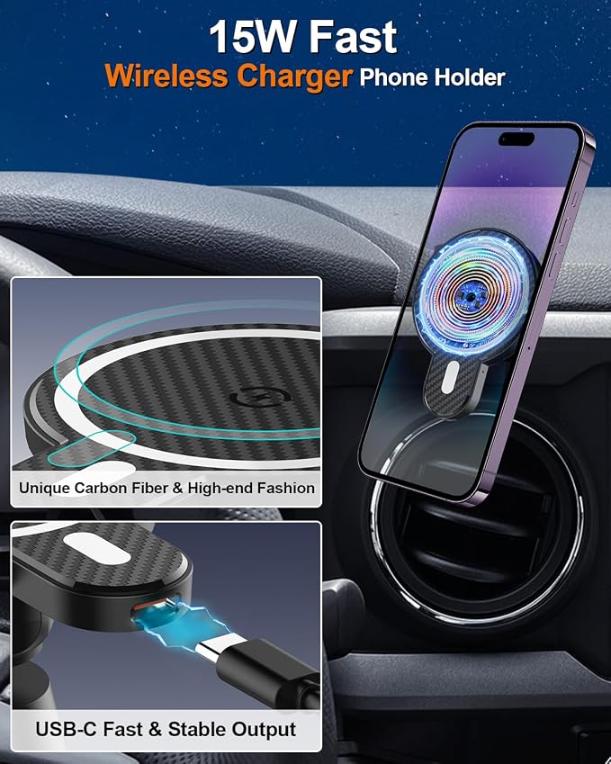 PZK Car Phone Holder for Toyota Tacoma 2016-2023 Accessories Custom Vent | Magnetic 15W Fast Wireless Charger Phone Mount for 3rd Gen Tacoma with Magsafe Fixed Clip Hands Free 360° Rotation Stand - Image 3