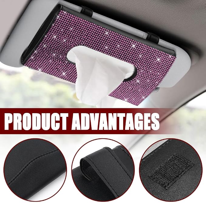 Bling Car Sun Visor Tissue Box Holder, Car Visor Tissue Holder, PU Leather with Bling Crystal Rhinestones Tissue Holder, Backseat Paper Towel Cover Case Auto Accessories for Women (Pink) - Image 3