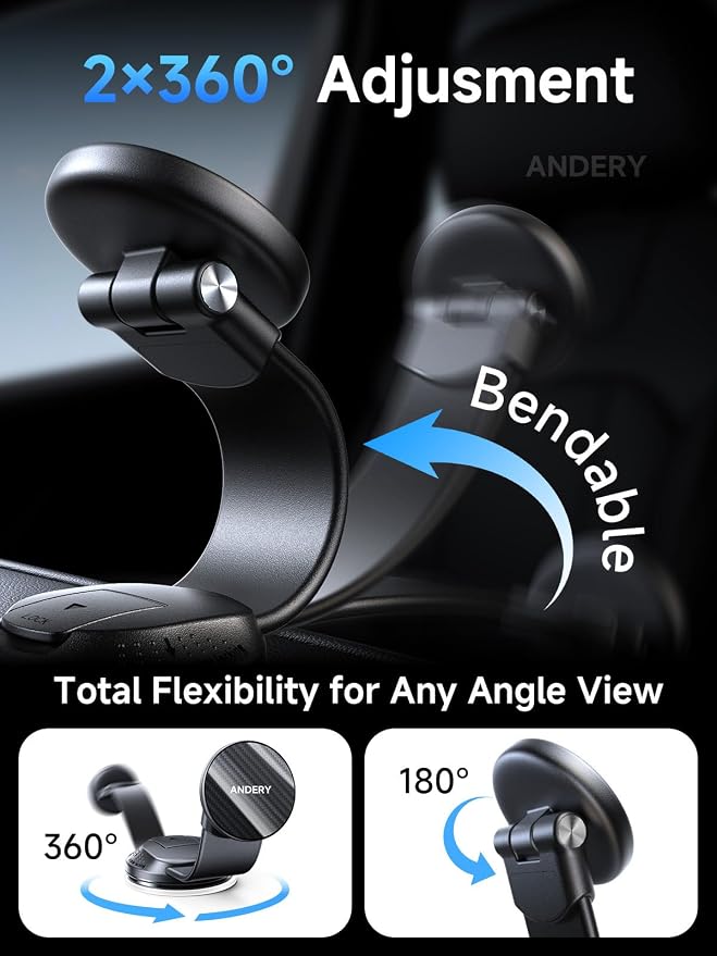 ANDERY Only for iPhone Magsafe Car Mount [360° Adjustable Memory Alloy Arm] | 2400gf Strong Magnetic Power, Bendable Phone Holders for Your Car, Car Phone Holder with Dashboard Pad, for iPhone 17-12 - Image 4