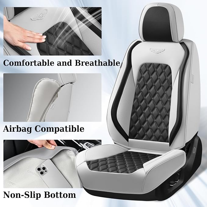 Coverado Car Seat Covers Front Seats, Luxury Stain-Resistant Waterproof Faux Leather Full Set with Rear Protectors, Elegant Easy-Clean Automotive Interior – WhiteBlack - Image 5