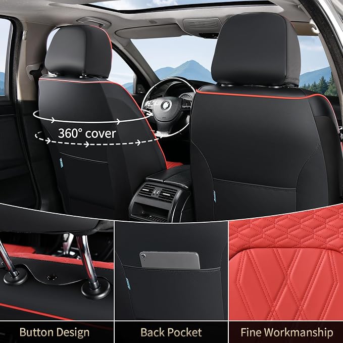 FLORICH Universal Seat Cover Full Set Leather Seat Covers 5 Seats Waterproof Seat Protector Car Seat Cushion Driver Seat Cover Universal Fit for Most Car Truck SUV, Black&Red - Image 3