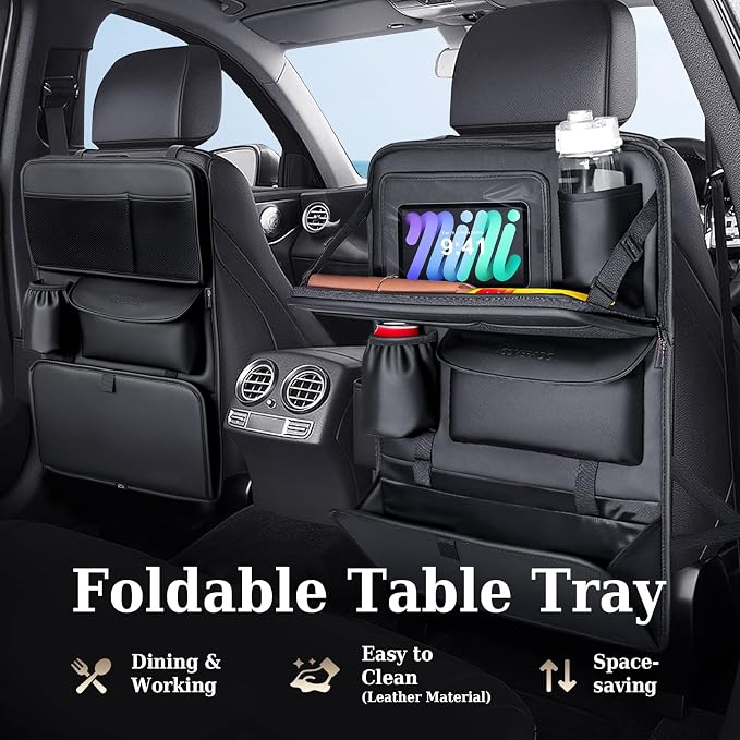 Coverado Backseat Car Organizer, Nappa Leather Car Seat Organizer with Touch Screen Tablet Holder, Foldable Food Tray, Kick Mats Protector, Multi Car Storage Accessories, Garbage Bag Holder-1 Pack - Image 2