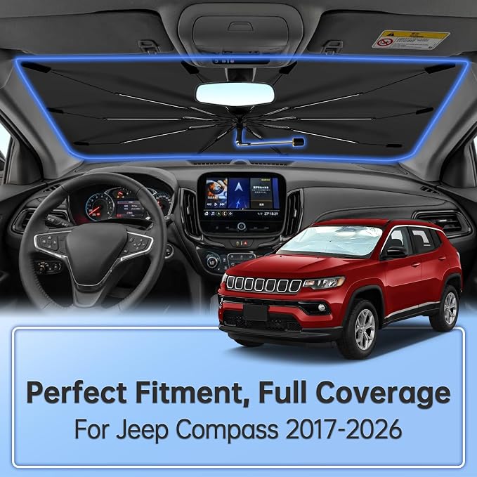 Windshield Sun Shade Umbrella for Jeep Compass 17-26 Front Window Cover | Portable Sunshade, Compact Auto Sun Shield Visor for UV Protection, Keep Car Cool Accessories - Image 2