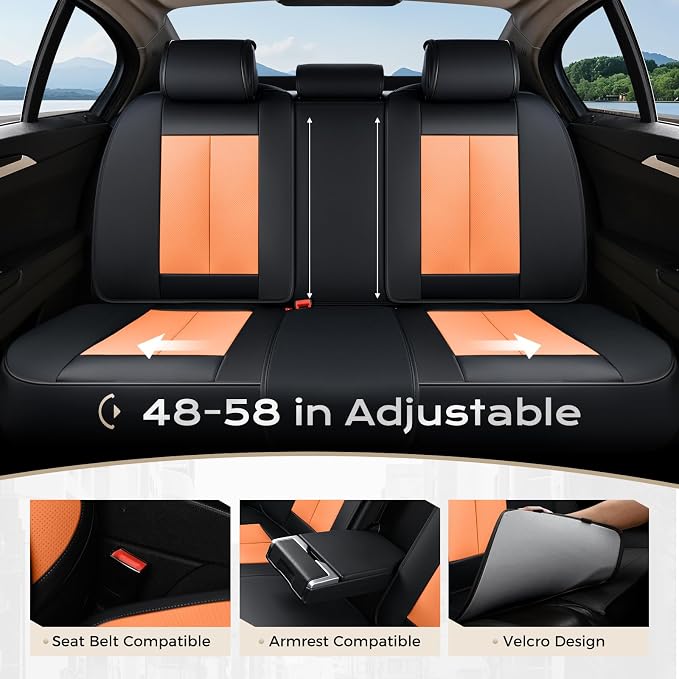 Coverado Seat Covers, Car Seat Covers Full Set, Leather Seat Covers for Cars, Car Seat Protector, Black Car Seat Covers Front Seats and Back Seats Universal Fit for Most Cars Orange - Image 5