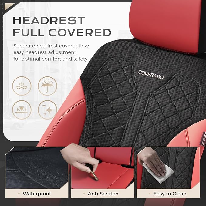 Coverado Seat Covers Full Set, Waterproof Car Seat Covers, PU Leather & Breathable Mesh Seat Protectors, 5-Piece Automotive Seat Covers, Universal Fit for SUVs, Trucks, Sedans - Image 7