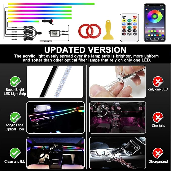 Acrylic Interior Car LED Strip Light with APP Remote Control, 175in 6 in 1 RGB Dreamcolor Neon Flexible Strip Fiber Optic LED Ambient Lighting Kits,RGB Music Lights Sync for Inside car Decorations - Image 6