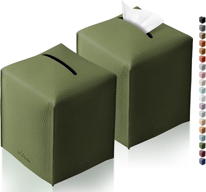 Tissue Box Cover for PU Leather, Modern Simple Solid Color Holder Square Tissue Bag, Ideal for Bathrooms,Office,Car,Nightstand,Outdoor Tent,Dining Table,5"X5"X5", Double Green by Tclouda