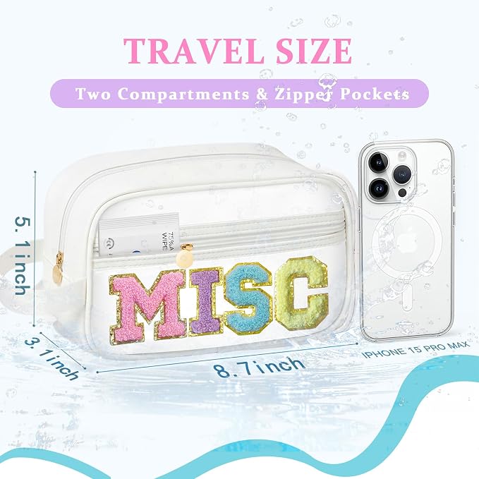 COSHAYSOO Clear MISC Makeup Bag Miscellaneous Stuff Organizer, Small Preppy Chenille Letter Patch Cosmetic Zipper Pouch, Toiletry Make Up Travel Purse Gifts for Teen Girls Women Daughter Sister - Image 2