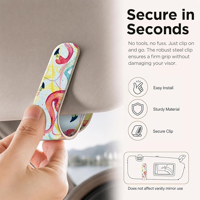 Sunglasses Holder for Car Visor, PU Leather Glasses Clip Organizer, Cute Magnetic Eyeglass Holder for Vehicle Sun Visor, Car Interior Accessory for Women & Men, Rainbow Flamingos - Image 4
