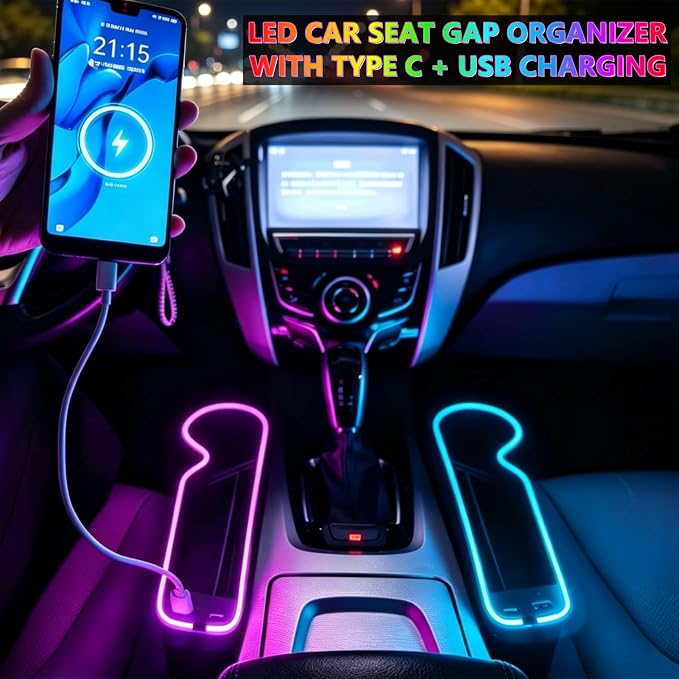 7 Color Led Car Seat Gap Organizer with Type C USB Charging 2 Pack | 56W Cigarette Lighter Adapter,Center Console Seat Gap Filler with Cup Holder,Front Seat Organizer Atmosphere Lamp (Black) - Image 4