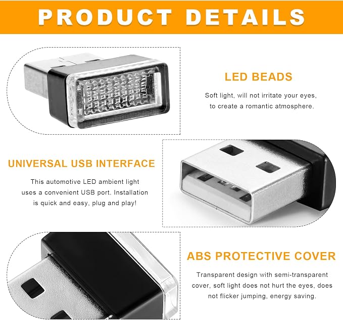 Sun Walker 4 PCS USB LED Car Interior Atmosphere Lamp, Plug-in USB Interface Trunk Ambient Light LED Decoration, Mini Portable Interior Night Lighting Kit for Most Vehicles (Yellow) - Image 3