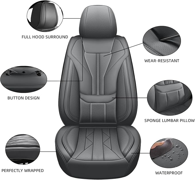 HChengkikz Car Seat Covers Front Seats, Waterproof Faux Leather (Gray) | Memory Foam Lumbar Support, Airbag Compatible, Universal Fit for SUV Truck Pickup Sedan - Image 3