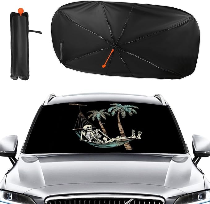 Cartoon Skeleton Palm Trees Car Windshield Sun Shade Foldable Umbrella Auto Sunshade for Car Truck SUV-Blocks Sun Visor Protector-Keeps Your Vehicle Cool - Image 2