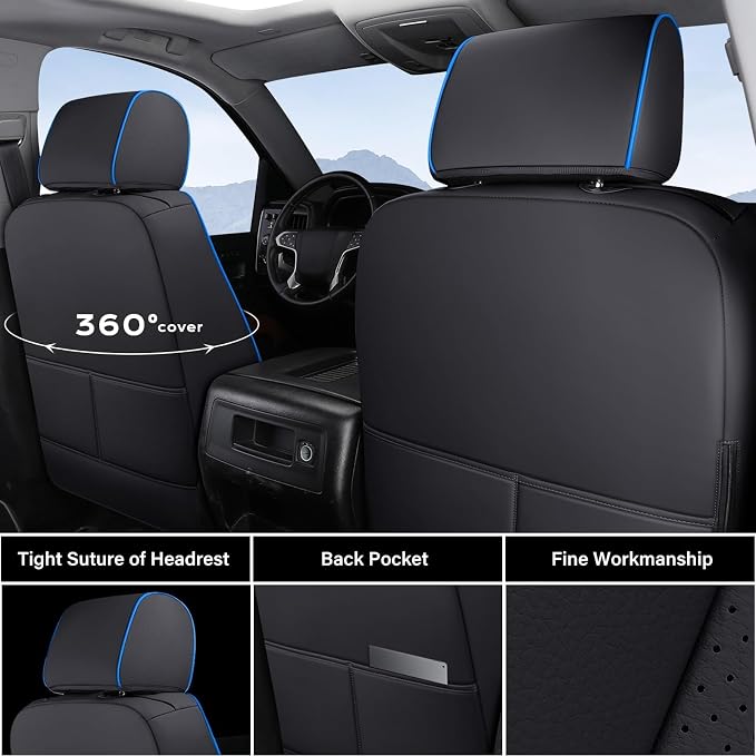 Coverado Chevy Silverado Seat Covers, Faux Leather Seat Covers Fit for Chevy Silverado GMC Sierra 2007-2026 1500, 2015-2026 2500HD 3500HD Crew Double Extended Cab (Front,Blueline) - Image 2