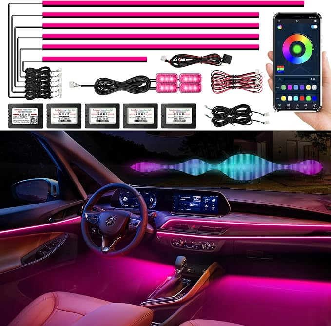 Interior Car LED Strip Lights, AMKI Acrylic LED Lights RGB 10 in 1 with Wireless APP Control Music Sync, Car Ambient Lighting Kits, Music Sync & DIY Function by AMKI