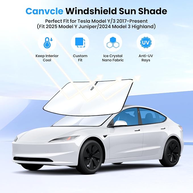 Canvcle Windshield Sun Shade for 2017-2025 2026 Tesla Model Y/3 Accessories (Fit 2025 Model Y Juniper/2024 Model 3 Highland) Double-Layer Front Window Sunshade Sun Visor Block UV Rays Keep Car Cool - Image 2