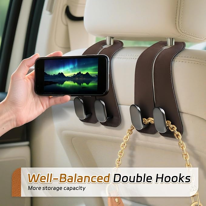 Car Seat Headrest Hooks, 4PCS Universal Car Purse Hook Leather Car Bag Hook | Brown Car Bag Purse Holder with Double Metal Hooks for Handbags, Grocery Bags, Bottles, Phones - Image 3