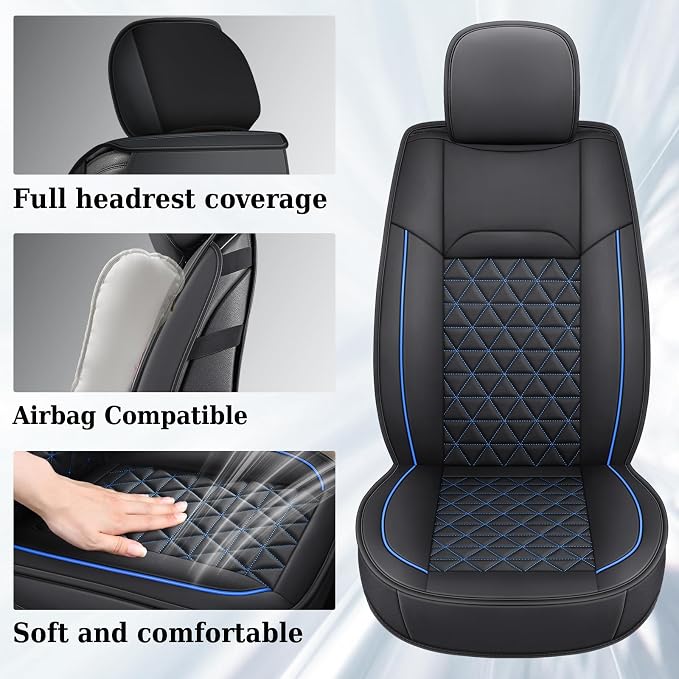 Coverado Ram Seat Covers Full Set, Waterproof Ram 1500 Seat Cover Compatible with 2002-2026 Dodge RAM 1500 2500 3500 Crew Quad Cab with Curved Bench, Black&Blue line - Image 2