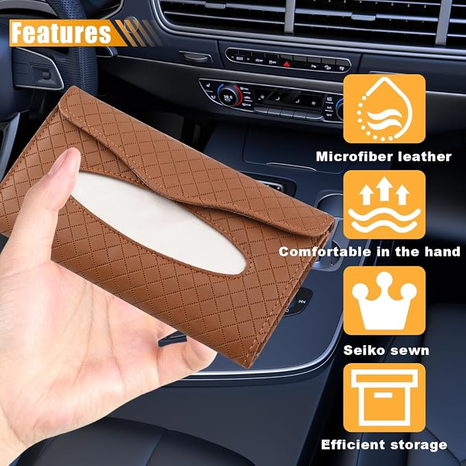Car Tissue Holder, PU Leather Auto Napkin Holder for Visor & Backseat, Automotive Mask Organizer Case to Keep Vehicle Tidy, Universal Interior Accessories for Sedan Truck SUV (Brown) - Image 4