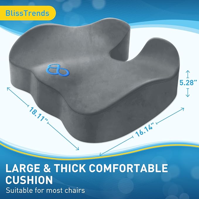 BlissTrends Thick Seat Cushion for Office Chair & Car Seat, XL, LightGrey | Memory Foam with Removable Cover, Ergonomic Tailbone & Sciatica Support for Pressure Relief and Long Sitting, 3.9" Thick - Image 2