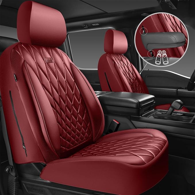 CAR PASS Piping Luxury Faux Leather Seat Covers Full Set, Premium Delux Anti-Slip Waterproof Automotive Seat Cover Universal Fit for Sedans Suvs Vans Trucks, Armrest & Airbag Compatible, Burgundy Red - Image 2