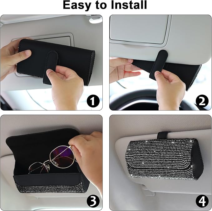 Accmor Bling Sunglasses Holder for Car Sun Visor, Sparkling Auto Glasses Clip Case Eyeglasses Protective Box, PU Leather Car Sunglass Storage Organizer for Truck, SUV, RV (Black Crystal) - Image 5