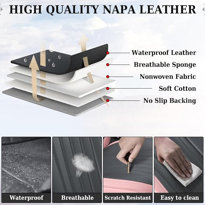 Coverado Car Seat Covers Full Set, Nappa Leather Seat Covers for Cars, Waterproof Car Seat Covers Front Seats and Back, Automotive Car Seat Protector Car Seat Cushion Fit for Most Cars (Pink&Grey) - Image 8