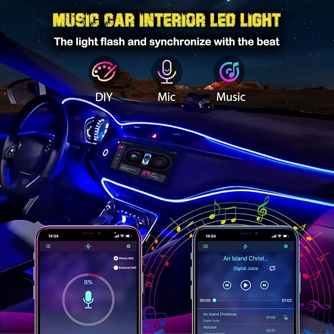 Jushope Interior Car LED Strip Lights, RGB USB Car Ambient Lighting with Wireless APP & Remote Control, Car Accessories Fiber Optifc Lights Sync to Music (5 LED/276 inches) - Image 6