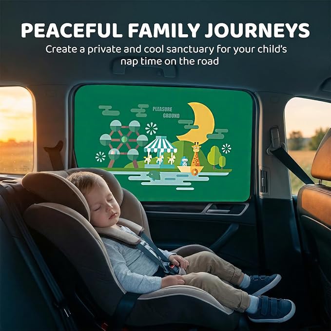 Magnetic Car Window Shade for Baby, Cartoon Pattern Automotive Side Window Blackout Curtain, Vehicle Sun Shade UV Privacy Protection Heat Blocking Cover, Universal Fit (Amusement Park) - Image 4
