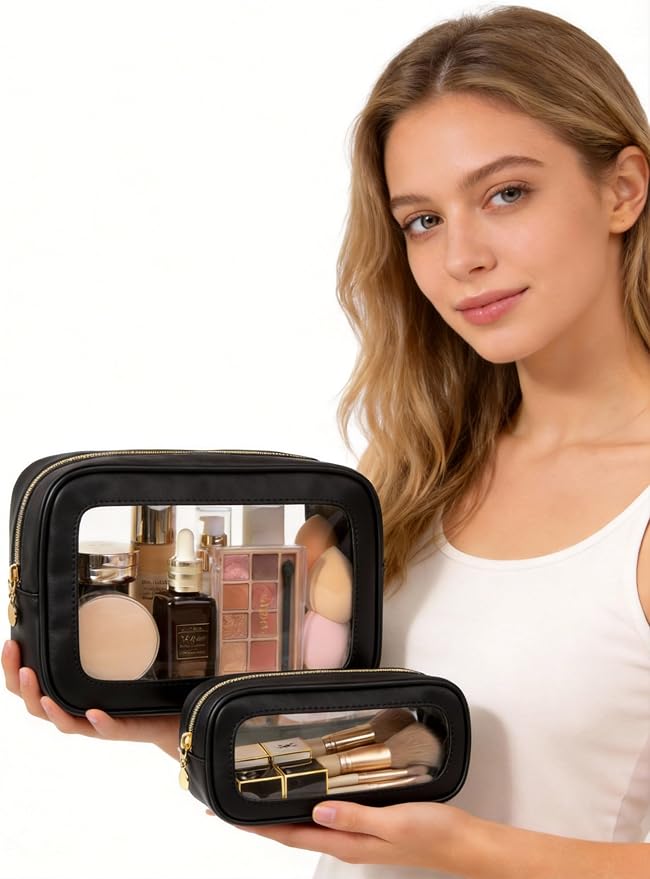 2Pcs Clear Makeup Bags Set, Clear Travel Makeup Brush Holder Leather Makeup Case Toiletry Bag with Zipper Portable Cosmetic Pouch Waterproof Makeup Brush Storage Bag Car Bag for Essentials - Image 2