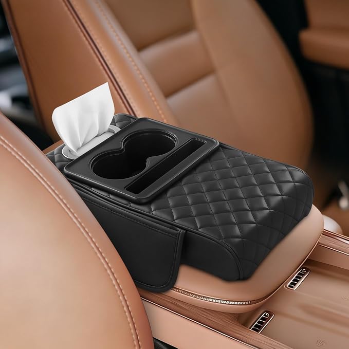 5-in-1 Car Center Console Cover Armrest Cushion with Cup Holder | 14.17x7.7x2.5" memory foam armrest cushion with tissue box & side storage pocket PVC leather protects console from pet claws by Cxprctpu