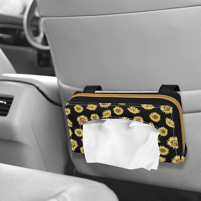Biyejit 2 Pack Car Tissue Holder, Sunflower Pattern Sun Visor Napkin Holder, Car Visor Tissue Holder, PU Leather Backseat Tissue case Holder for car, Vehicle - Image 4